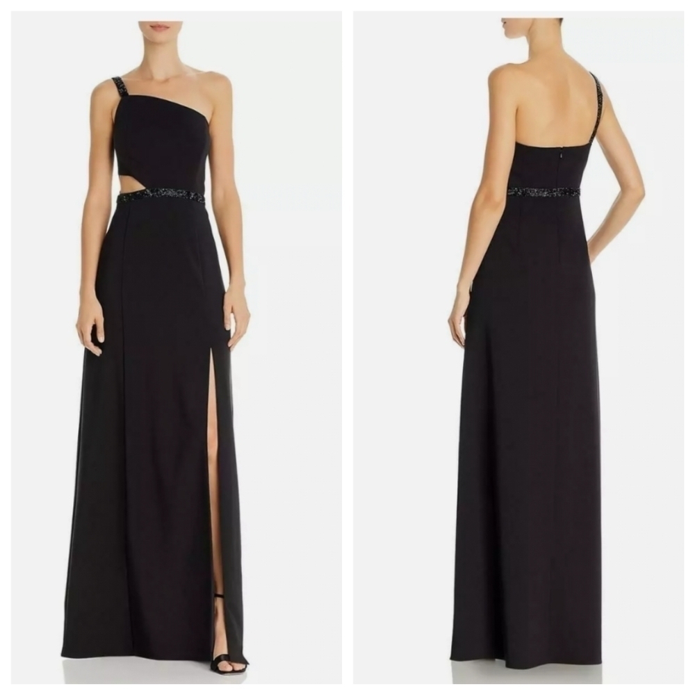 NEW AIDAN MATTOX Black One Shoulder Cutout Embellished Waist Formal Evening Gown